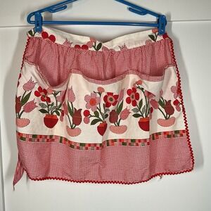 Vintage Handmade Kitchen Apron w/Pockets Red Gingham Floral Cottagecore Country